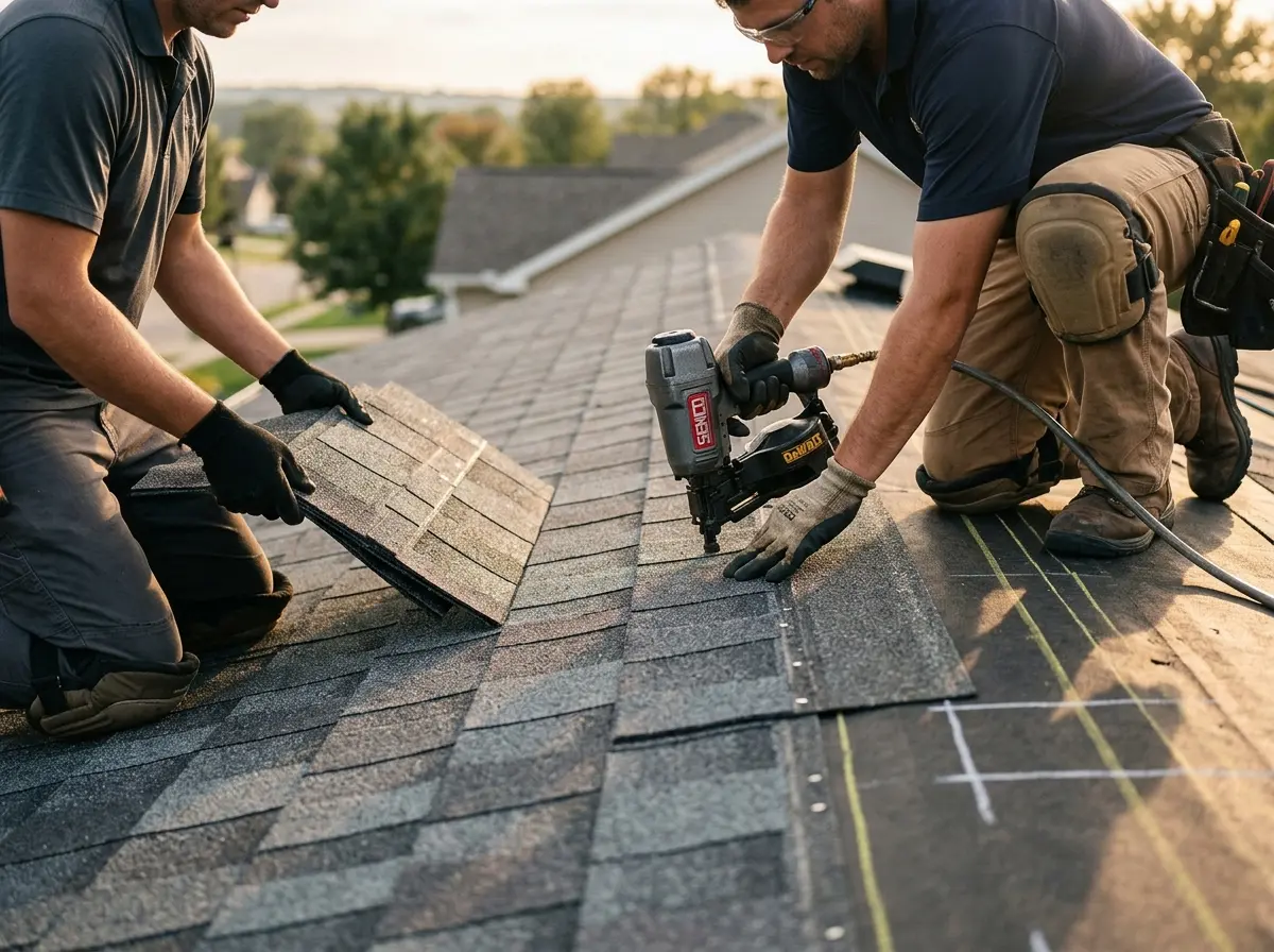 Professional roofer working on a residential roof in Garfield